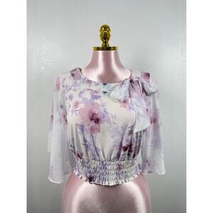 Ember Floral Cropped Blouse Sheer Sleeves Bow Detail Romantic Top S